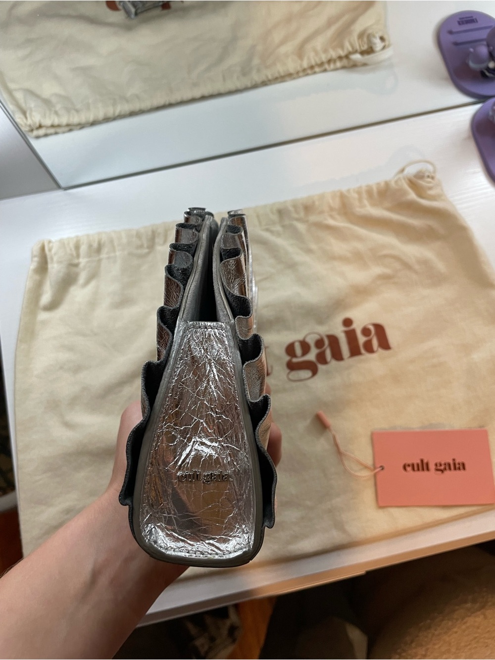 cult gaia Silver Metallic Pleated Shell Clutch - Picture 2 of 6